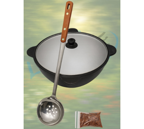 Казан узбекский чугунный 8л (плоское дно) с алюминиевой крышкой