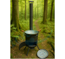 Казан узбекский 4,5л (плоское дно) и очаг «Премиум» усиленный с дымоходом и зольником, диаметр 300мм