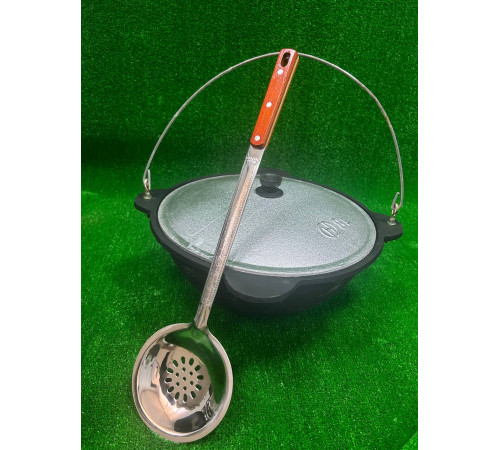 Казан узбекский чугунный 12л (круглое дно) с алюминиевой крышкой с подвесной ручкой