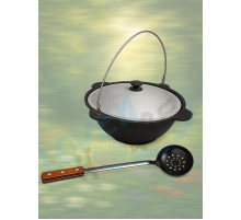 Казан узбекский чугунный 6л (плоское дно) с алюминиевой крышкой с подвесной ручкой