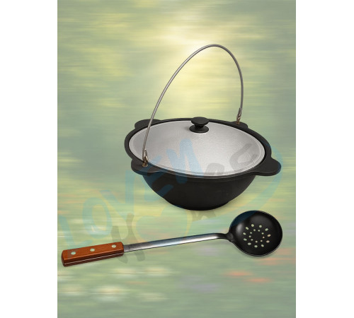 Казан узбекский чугунный 6л (плоское дно) с алюминиевой крышкой с подвесной ручкой