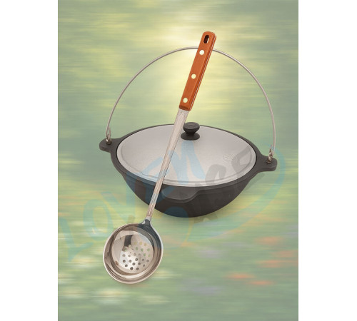 Казан узбекский чугунный 6л (плоское дно) с алюминиевой крышкой с подвесной ручкой