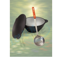 Казан узбекский чугунный 16л (плоское дно) с крышкой САДЖ-сковородой